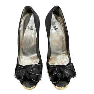 Stuart Weitzman Black Satin Bow Peep Toe Espadrille Wedges CW 43610 Size 8 M